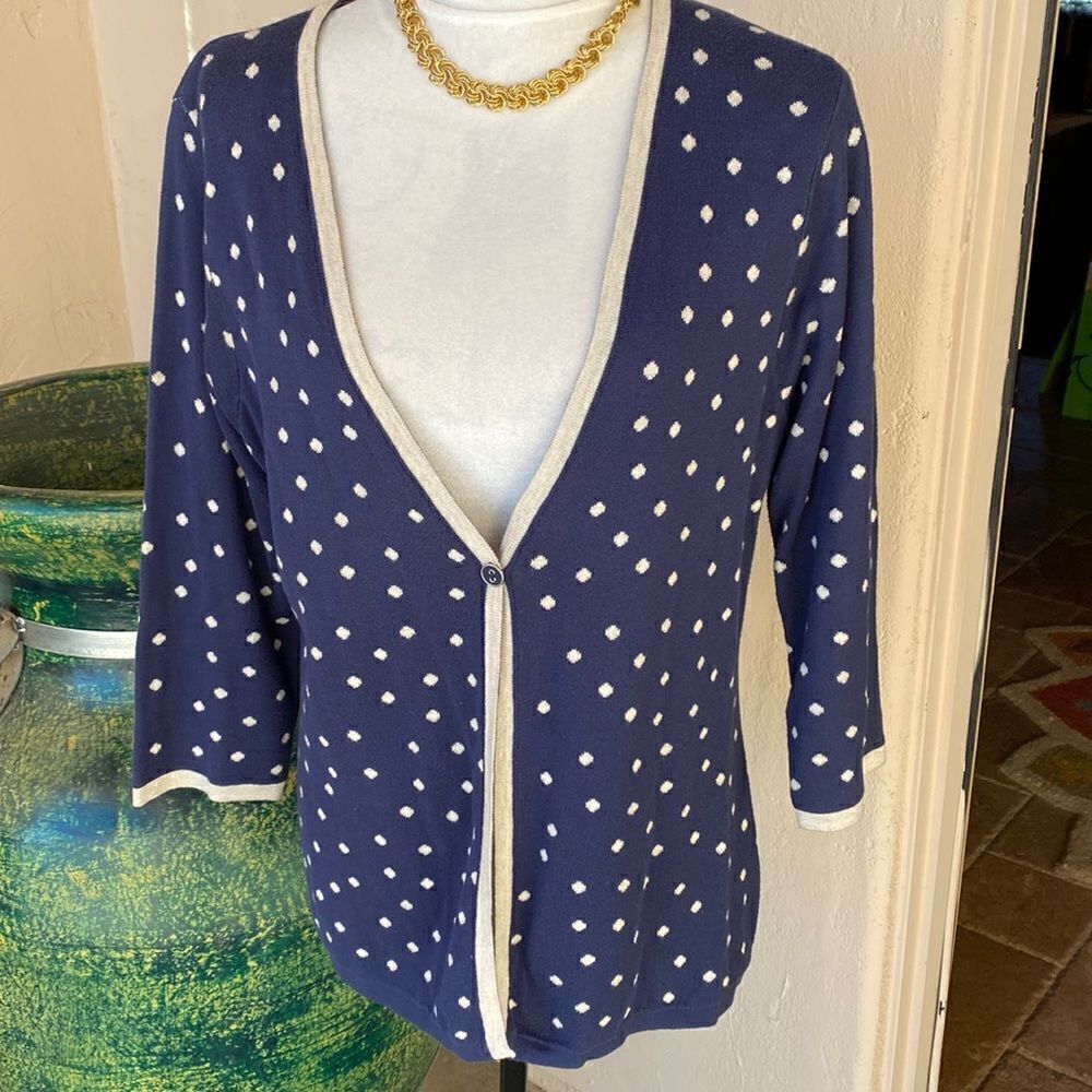 Coldwater Creek navy polka dot one button cardigan sweater size medium...